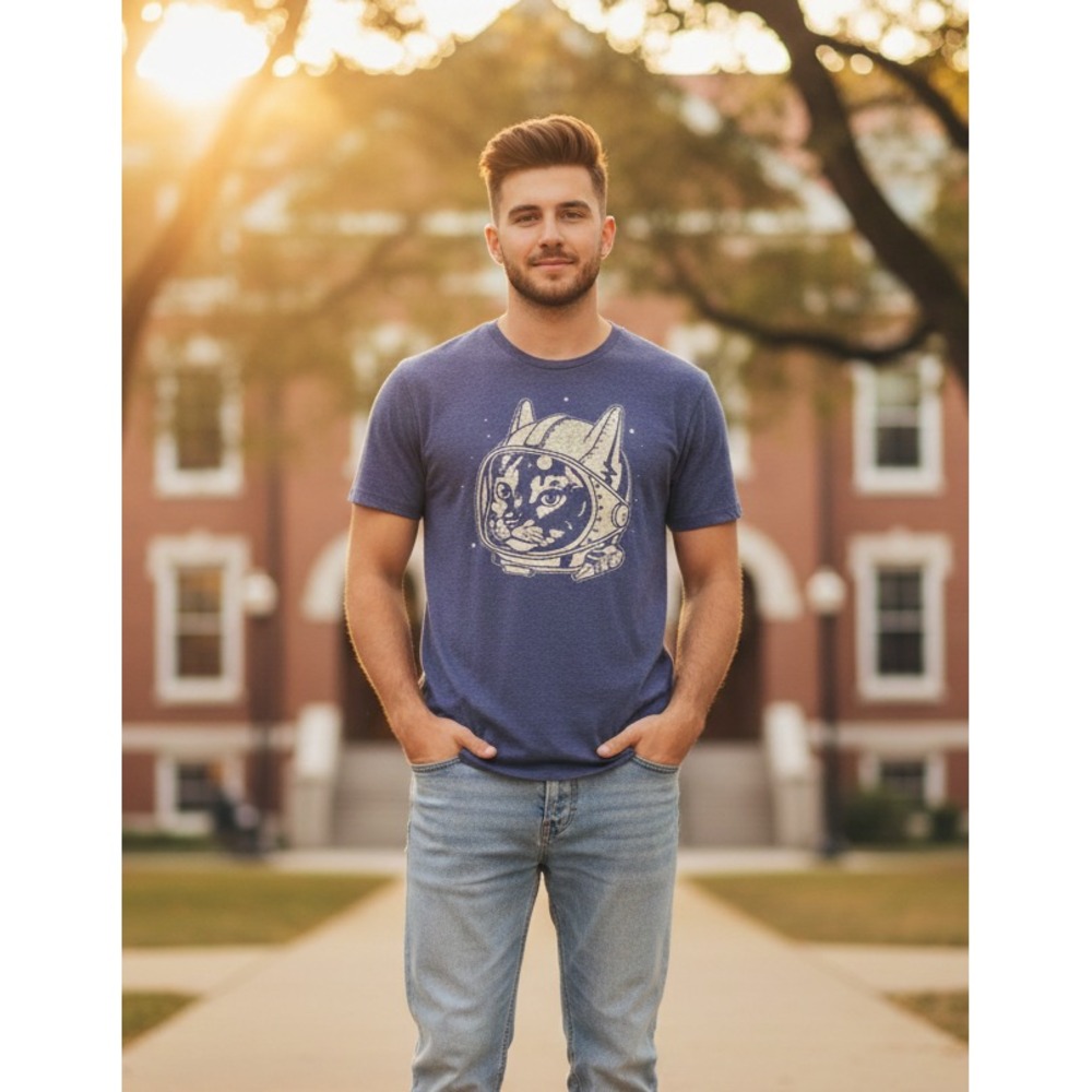 Astronaut Astro Cat Graphic T-Shirt Adult‎ M Blue Galaxy Novelty Retro Y2K Funny